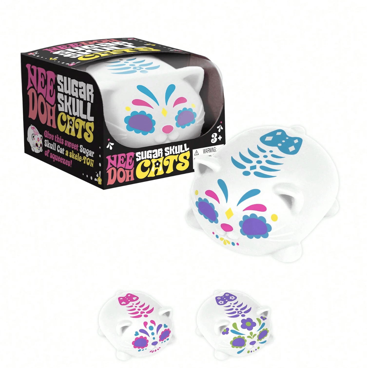 NeeDoh Nee Doh Sugar Skull Cats Stress Ball - Day Of The Dead Cat Squishy Fidget Toy, Slow Rebound Anxiety Relief Squeeze Toy For Kids & Adults, Assorted Designs