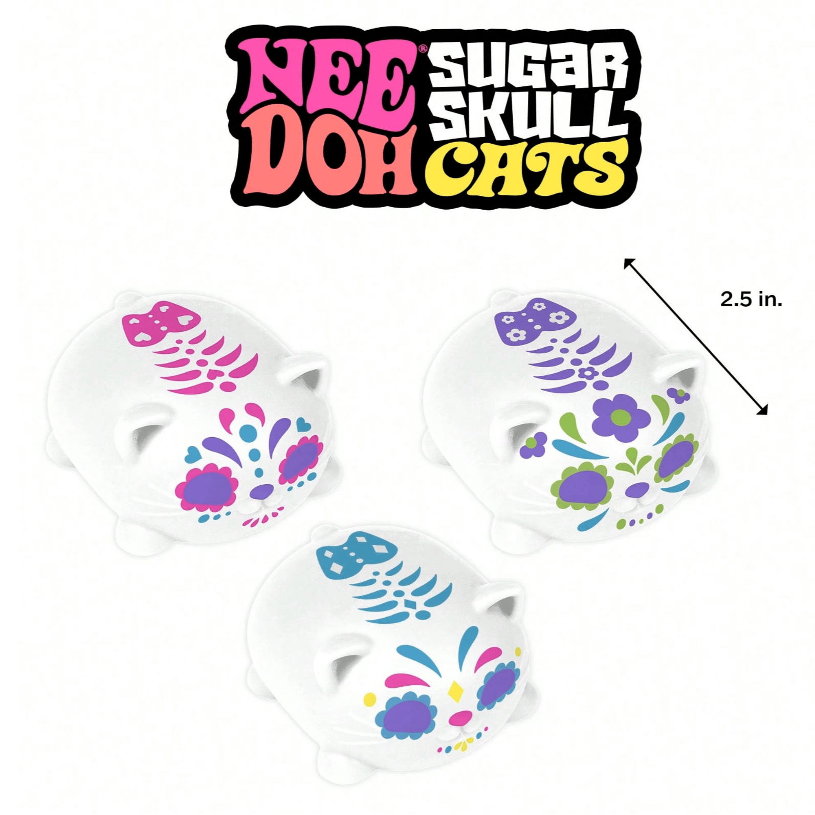 NeeDoh Nee Doh Sugar Skull Cats Stress Ball - Day Of The Dead Cat Squishy Fidget Toy, Slow Rebound Anxiety Relief Squeeze Toy For Kids & Adults, Assorted Designs