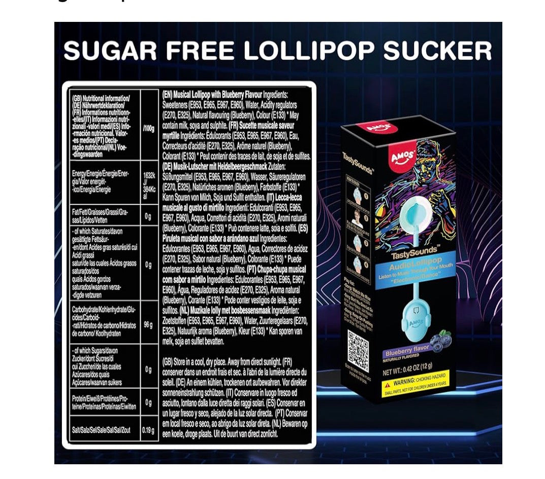 Amos Music Lollipop Candy, Audio Singing Lollipop, Individually Wrapped Natural Blueberry Flavor (1 Pack