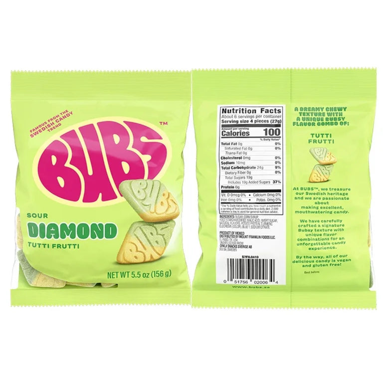Bubs Candy Sour Diamond Tutti Frutti 5.5oz Swedish Gummy