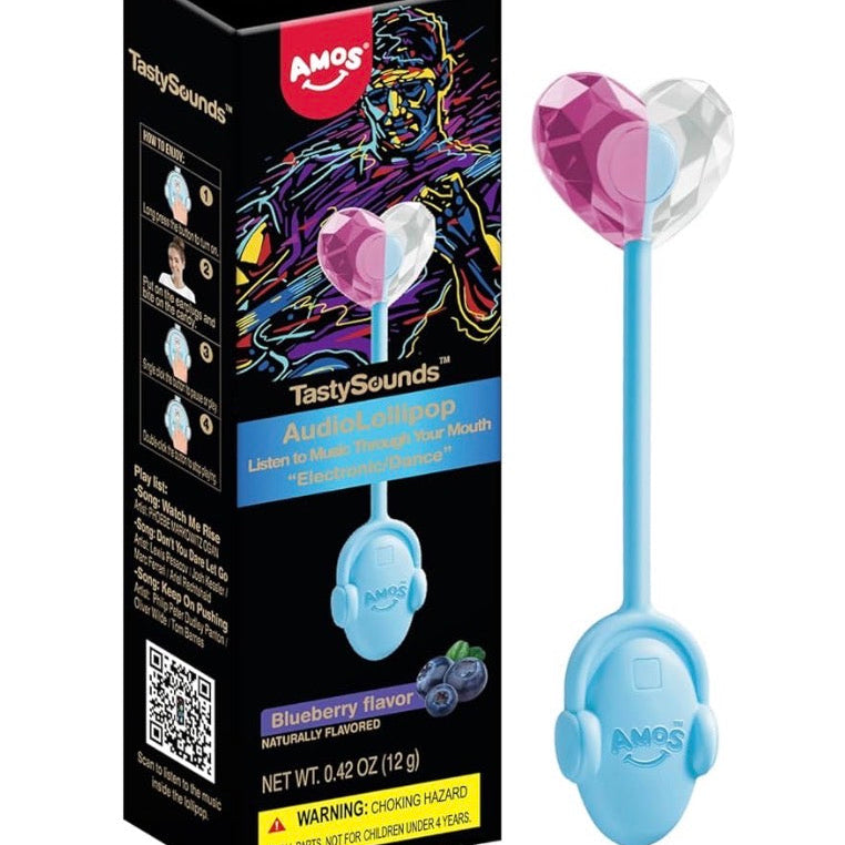 Amos Music Lollipop Candy, Audio Singing Lollipop, Individually Wrapped Natural Blueberry Flavor (1 Pack