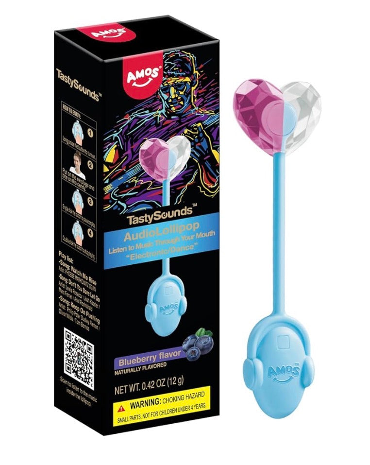 Amos Music Lollipop Candy, Audio Singing Lollipop, Individually Wrapped Natural Blueberry Flavor (1 Pack
