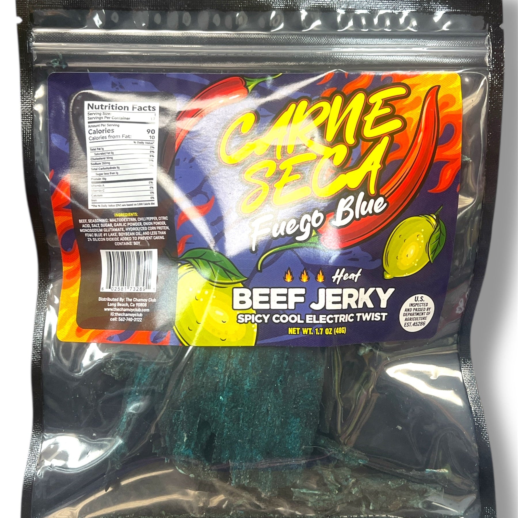 Carne Seca Fuego Blue Beef Jerky Cool Electric Twist Crunchy Spicy 1.7 OZ